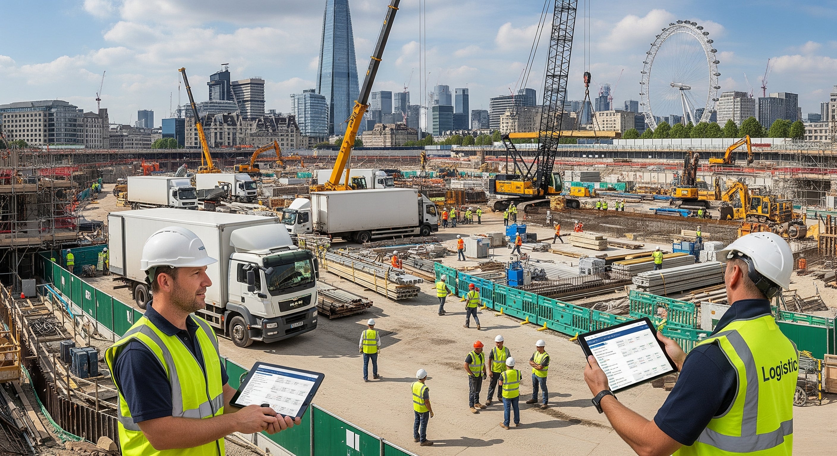 Two construction workers on a busy construction site with a city skyline in the background.